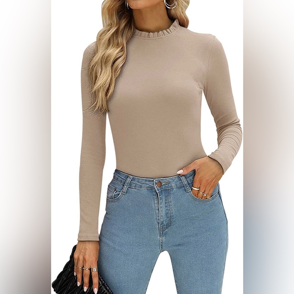 Womens Long Sleeve Ruffle Mock Neck Bodysuit Jumpsuit Tops Business Casual - NWT - Picture 1 of 6